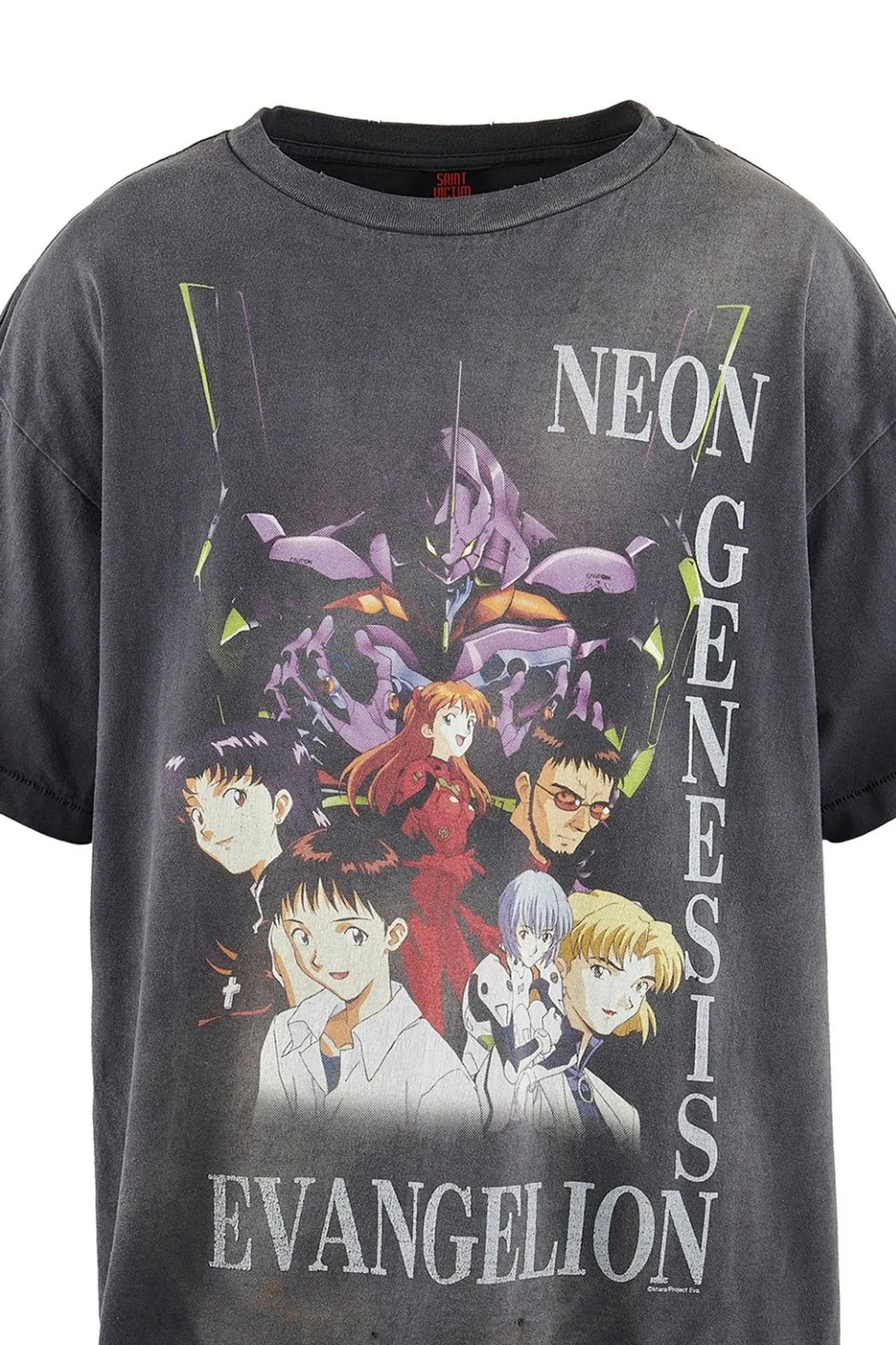SAINT Mxxxxxx × EVANGELION NEON GNSIS TEE/BLK co-branded Neon Genesis Evangelion distressed short-sleeves, washed black S-XL, vintage NEW VINTAGE, top printing technology, garment dyeing, re-washed, distressed, correct co-branded main mark/washing mark